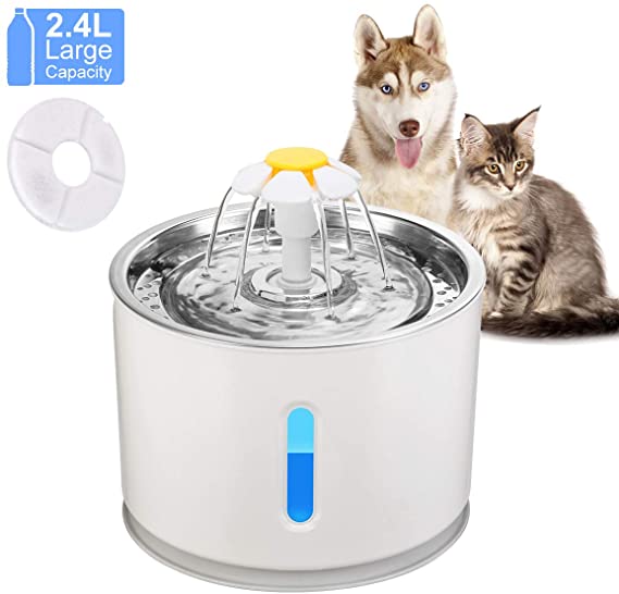 SOOTOP USB Pet Water Fountains, Dog Water Fountain, Ultra Silent Healthy and Hygienic Cat Waterfall Flower Style Fountain with Activated Carbon Filter 2.4L