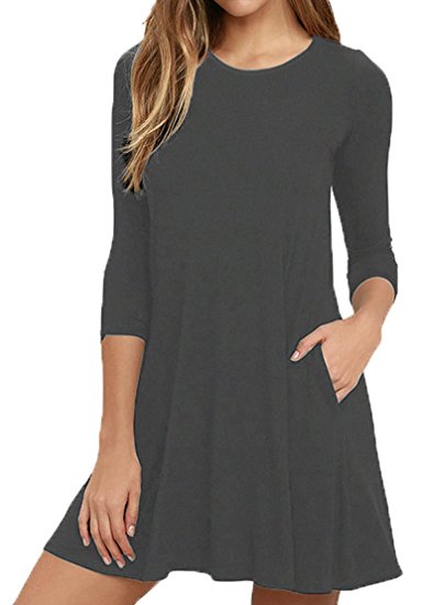 VIISHOW Womens Round Neck 3/4 Sleeves A-line Casual Tshirt Dress with Pocket