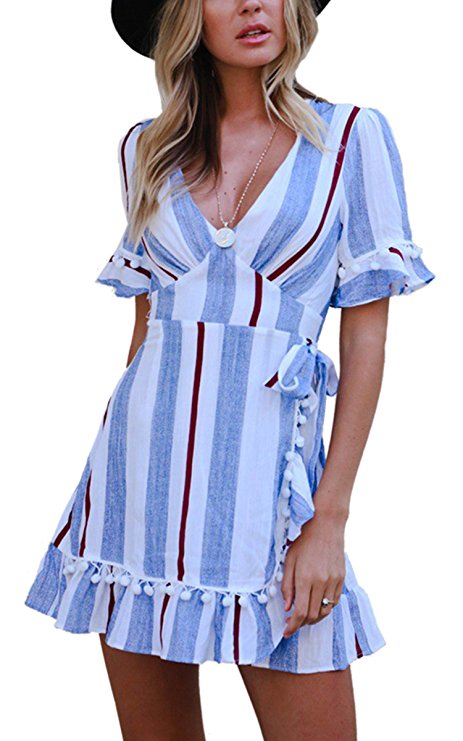 Angashion Women's Dresses-V Neck Striped Short Sleeve Ruffle Hem Mini Skater T Shirt Dress