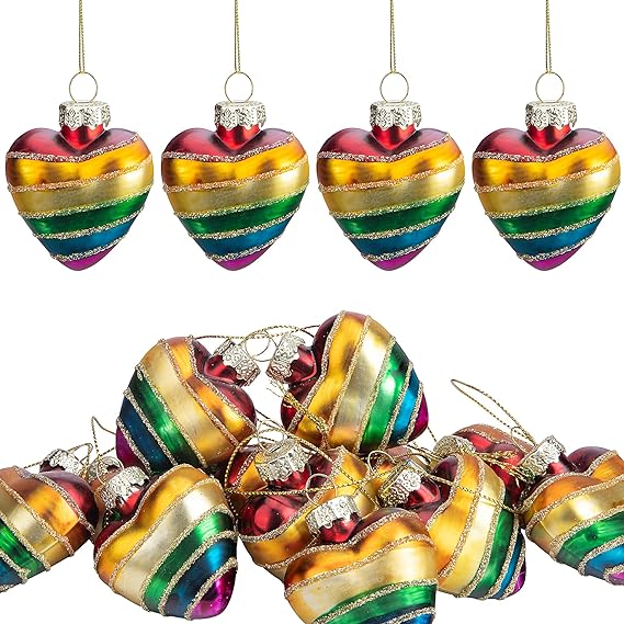 Deloky 12PCS Glass Rainbow Heart Hanging Ornaments-Pride Rainbow Heart Ornament-Rainbow Ornaments for Christmas Tree Pride Party Supplies