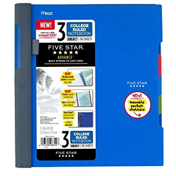 Five Star Advance Spiral Notebook, 3 Subject, College Ruled Paper, 150 Sheets, 11" x 8-1/2", Blue (73138)