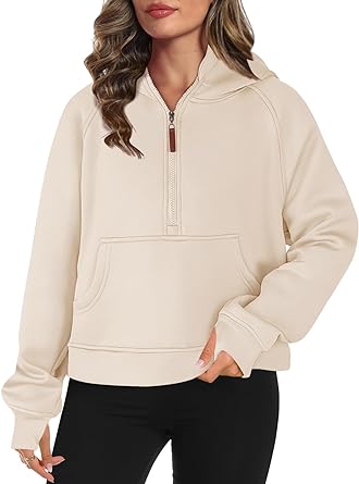 POGTMM Womens Half Zip Cropped Hoodies Fleece Lined Quarter Zip Up Pullover Athletic Trendy Sweatshirt Sweater Winter Outfits