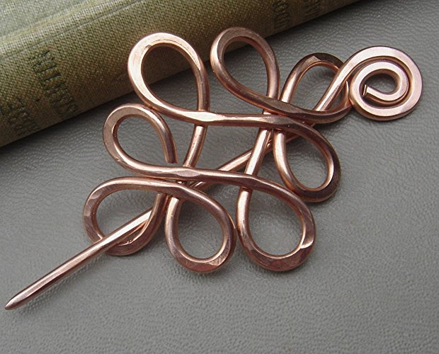 Looping Celtic Crossed Knots Copper Shawl Pin, Sweater Brooch