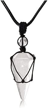 PESOENTH Clear Quartz Crystal Necklace Dowsing Pendulum Divination Healing Necklace Cord Adjustable,Natural Gemstone Hexagonal Pointed Cone Reiki Chakra Pendant