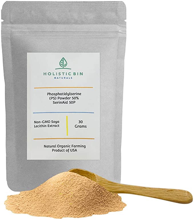 Phosphatidylserine (PS) Powder 50% - SerinAid 50P by Holistic Bin - NO Additives - Raw Serine PS Powder - Extract from Non-GMO SOYA Lecithin