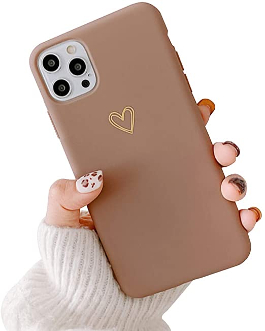 Ownest Compatible with iPhone 12 Pro Max Case for Soft Liquid Silicone Heart Pattern Slim Protective Shockproof Case for Women Girls for iPhone 12 Pro Max-Brown