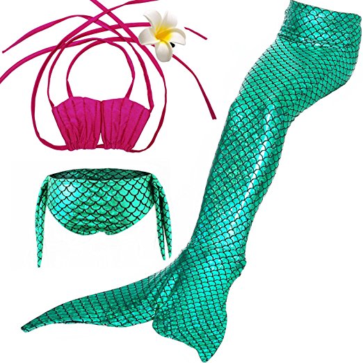 AMENON 3PCS Kids Mermaid Tail Swimsuit Princess Bikini Set Swimwear Can Match Monofin (With Random flower clip or garland)