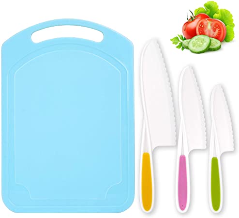 LEEFE 3 Pieces Kids Knife Set for Cooking, with Cutting Board, Safe Lettuce and Salad Knives, Kids Cooking Utensils in 3 Sizes & Colors, Serrated Edges, Plastic Safe Kitchen Knife