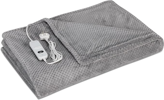 Navaris Electric Blanket - 180x130cm - Heated Over Blanket with 3 Heat Settings & Auto Shut Off Timer - Plush Bed Throw - Grey with White Stars Inside & Outside