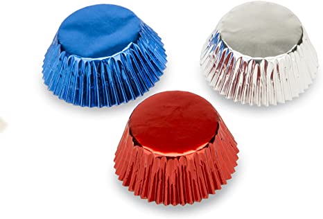 Fox Run Patriotic Foil Bake Cup Set, Standard, 45 Cups, Red, Blue and Silver