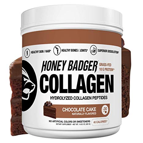 Honey Badger Natural Keto Collagen Peptides Protein Powder | Chocolate Cake | Gluten Free Paleo   Amino Acids BCAA Digestive Enzymes | Hydrolyzed 10g Grass Fed Non GMO Supplement | 30 Servings
