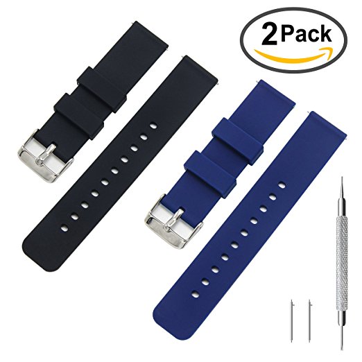 Rubber Watch Band Pack of 2 - 18mm 20mm 22mm Silicone Quick Release Watch Strap Stainless Steel Buckle