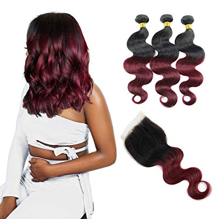 Body Wave Ombre Bundles With Closure - Orange Star Peruvian Human Hair Bundles With Closure Women Colored Red Closure and Bundles,T1b/99j Burgundy(10 12 14 10)