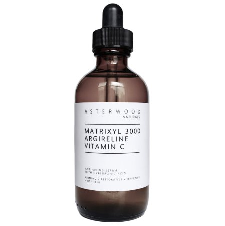 Matrixyl 3000   Argireline   Vitamin C Serum with Organic Hyaluronic Acid 4 oz - Reduce Sun Spots, Wrinkles, Our Most Powerful Triple Combination - Asterwood Naturals - 4 Ounce Glass Dropper Bottle