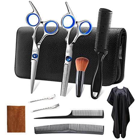 Haircut Scissors Set, 11Pcs Professional Hairdressing Hair Scissors Kit Thinning Shears Barber Scissors Cape Shears Kits Accessories with Leather Case for Home Barber Salon (Sliver and Blue)