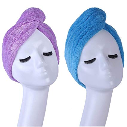 YYXR Microfiber Hair Turban Towel Wrap - Super Absorbent Drastically Reduce Hair Drying Time(2 pack puple & blue) (blue-purple)