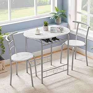 VECELO 3-Piece Dining Table Set for Kitchen Breakfast Nook, Wood Grain Oval Tabletop and Metal Frame with Built-in Wine Rack, for Small Spaces, 31.5", White & Silver