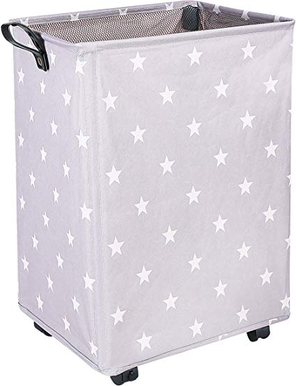 DOKEHOM X-Large Laundry Basket with Leather Handle and Wheel, Collapsible Fabric Laundry Hamper, Foldable Clothes Organizer, Folding Washing Bin (Grey Star, L)