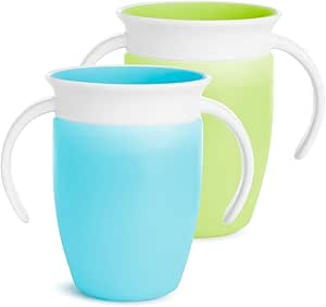 Munchkin Tasse d’Apprentissage Miracle 360, Gobelet Bébé, Tasse Enfant sans BPA avec Poignées, Tasse Magique Antifuites, Compatible Lave-Vaisselle, 6 mois et plus - 207 ml, Lot de 2, Bleu/Vert