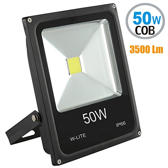 W-LITE 50W Super Bright LED Floodlight Outdoor, 3500Lm, 350W Halogen Bulb Equivalent, Lighting for Garden/Yard/Lawn/Patio/Porch, Waterproof Security Lamp, Aluminum, 6000K Cold White