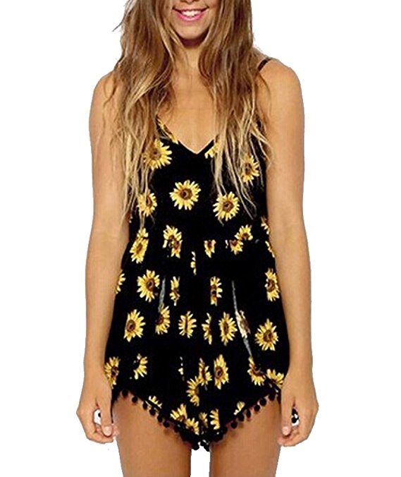 Moxeay® Vintage V Neck Straps Sunflower Print Jumpsuit Romper (US Shipping)