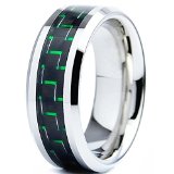 King Will 8mm GreenBlack Carbon Fiber Inlay Silver Tungsten Carbide Ring Comfort Fit Wedding Band