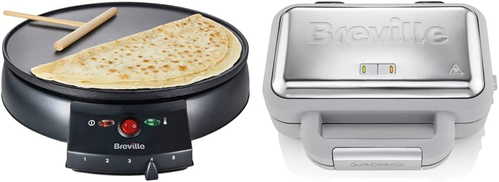 Breville Traditional Crêpe Maker | 12-Inch (30cm) | with Wooden Spreader [VTP130] & VST072 DuraCeramic Waffle Maker, Non-Stick and Easy Clean, White and Stainless Steel