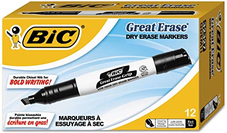 BIC GDEM11BK Great Erase Grip Chisel Tip Dry Erase Marker, Black, Dozen
