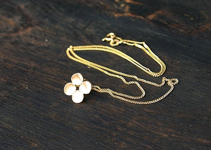 14k solid gold necklace. Minimalist gold handmade clover pendant on 14k solid gold chain. Simple delicate artisan designer jewelry. Handmade