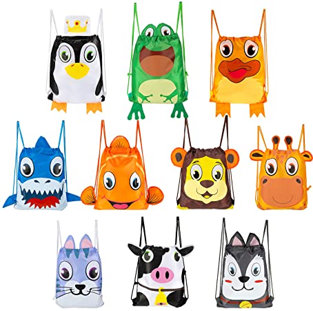 10 Pieces Cartoon Animal Drawstring Bags Cute Ear and Tail Drawstring Goody Party Favor Bags for Birthday Candy Goodie Treat Bags Giraffe/ Lion /Cow /Duck /Cat /Shark /Fish /Puppy Dog