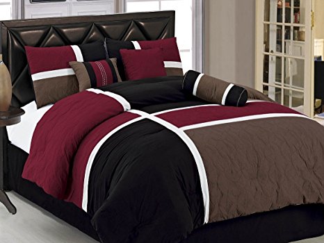 Chezmoi Collection 7-Piece Quilted Patchwork Duvet Cover Set, King, Burgundy Brown/Black