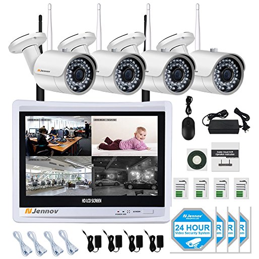 Jennov Wireless Surveillance Security Camera System 4 CH 1080P Home CCTV Wifi 12" LCD Monitor NVR Kit 4PCS HD Motion Detection IR Night Vision IP Cameras(No Hard Drive)