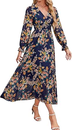 Women 2024 Floral Maxi Dress, Casual Long Sleeve V-Neck Empire Waist Fall Dress, Flowy Boho Wedding Guest Dress