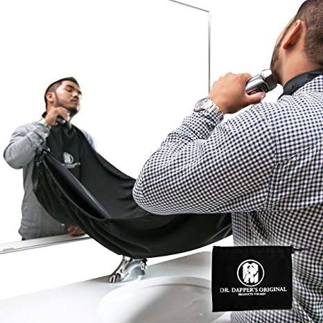 Dr Dappers Beard Bib Cape for Shaving - Beard Catcher & Hair Clippings Apron with Suction Cups for Mirror - Professional Salon Grade Black Hair Trimmings Cleaner for Men - Makes Grooming Disposal Easy