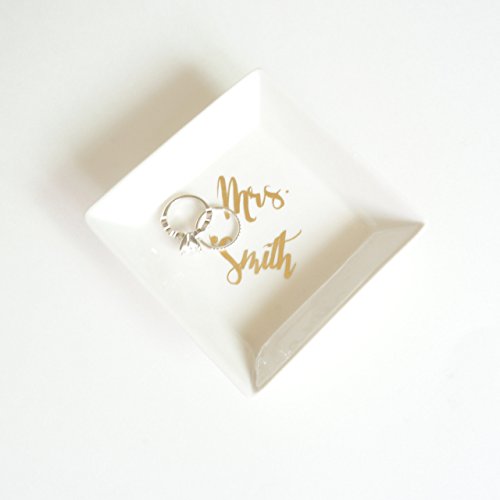 Custom Ceramic White and Gold Foil Small Jewelry Holder Square Dish, Jewelry Ring Holder Box Tray, Unique Engagement Wedding Bridal Shower Bachelorette Gift Personalized Mrs Name Gift