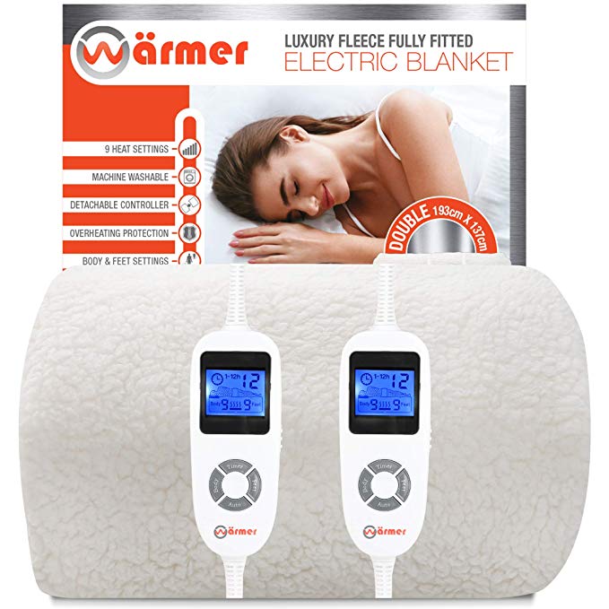 Warmer Fully Fitted Heated Mattress Cover - Electric Blanket Luxury Fleece Double - 193 X 137cm - Heated Under Blanket with Elasticated Skirt - Premium - Dual Control - 2 X Detachable Controllers