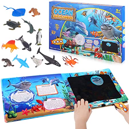 DODENSHA Ocean Animal Toys, Multifunctional Ocean World Discovery Book with 12 Realistic Looking Marine Animals, Children's Ocean Book , Educational Toys for Boys and Girls 3 Years Old & Up