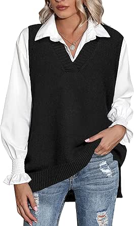 Zeagoo Sweater Vest Women Sleeveless V Neck Oversized Pullover Knitted Tops 2024 Fall Outfits