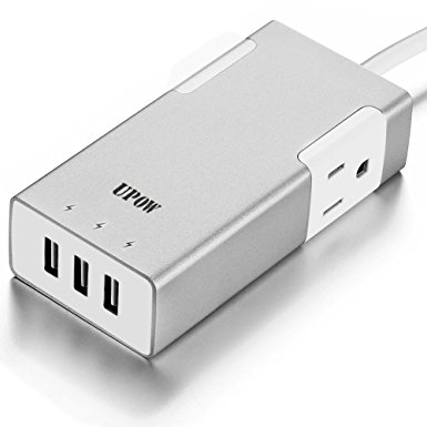 Upow 3-Port USB Travel Charger with 2 AC Outlets Power Strip for All Smart Device (Silver)