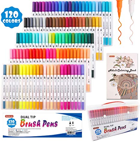 120 Colors Dual Tip Brush Art Marker Pens with 1 Coloring Book,Shuttle Art Fine and Brush Dual Tip Markers Set for Bullet Journal, Adult Coloring, Lettering, Calligraphy, Writing, Doodling