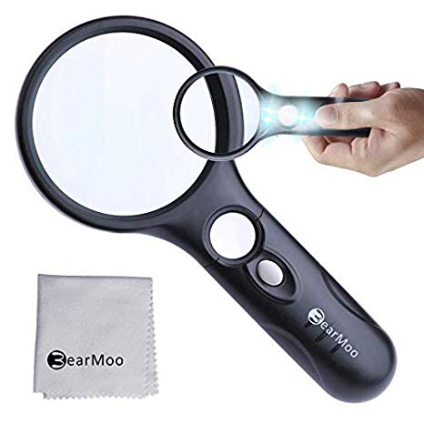 Magnifying Glass, BearMoo 3X 45X Handheld Reading Magnifier Glass with 3 LED Lights for Reading/Maps/Watch Repair/Newspaper/Jewelry Loupes/Ins (Black)