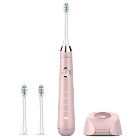 Premium Sonic Electric Toothbrush Set For Men & Women – IPX7 Waterproof Wireless Rechargeable Toothbrush W/ Base & Replacement Head – Four Brushing Modes – Pink Color – User Guide Included
