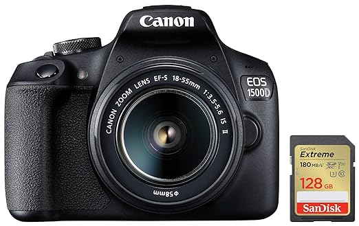 Canon EOS 1500D 24.1 Digital SLR Camera (Black) with EF S18-55 is II Lens & SanDisk Extreme SD UHS I 128GB Card for 4K Video for DSLR and Mirrorless Cameras 180MB/s Read & 90MB/s Write