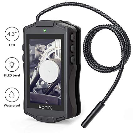 HOMIEE Digital Inspection Camera with 4.3" LCD Monitor Screen, IP67 Waterproof Borescope Endoscope Tube, 4 LED Lights with 8 Brightness Level & 8mm Diameter, Portable Carrying Pouch Included