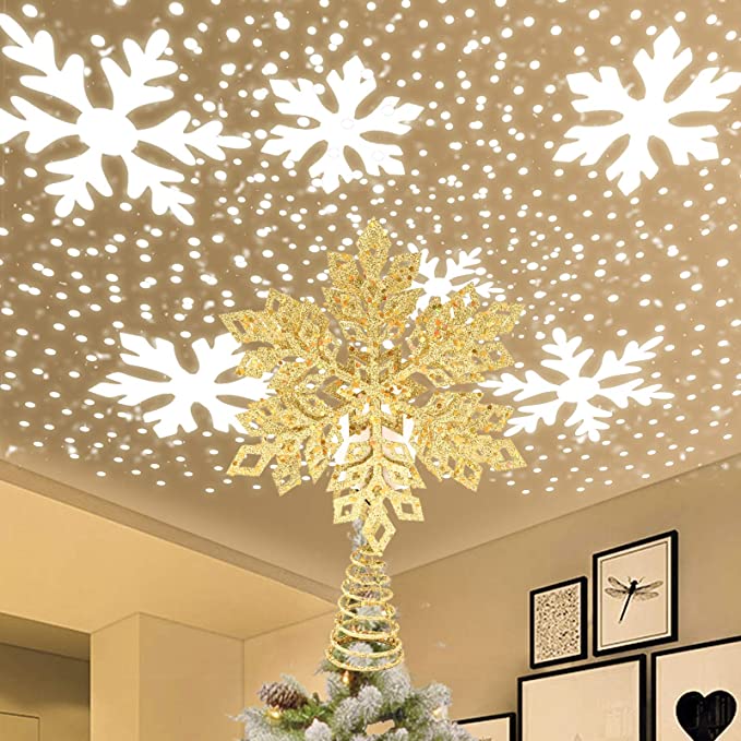 IIDEE Christmas Tree Topper, Glittery Gold Snow Metal Tree Topper with 3D Rotating Snowflake LED Projector for Xmas Tree Décor