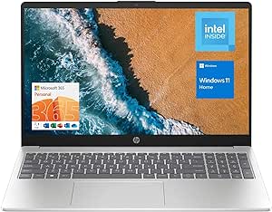 HP 15.6" Portable Laptop (Include 1 Year Microsoft 365), HD Display, Intel Quad-Core N200 Processor, 8GB RAM, 128GB Storage, Wi-Fi 6, Webcam, HDMI, Numeric Keypad, Windows 11 Home, Silver