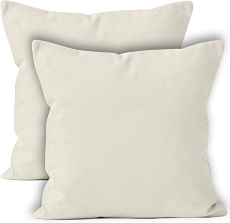 Encasa Homes Throw Cushion Cover 2pc Set - Natural - 18 x 18 inch Solid Dyed Cotton Canvas Square Accent Decorative Pillow Case for Couch Sofa Chair Bed & Home