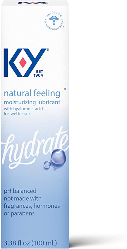 K-Y Natural Feeling Personal Lubricant with Hyaluronic Acid, 3.38 fl oz, Safe to Use with Latex Condoms, Moisturizing Water Based Formula Free from Fragrances, Parabens or Hormones