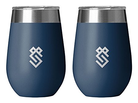 Summit Legacy Outdoor Wine Glasses - Stemless Stainless Steel Metal Glass - Red, White or Blue Colored Set of 2 - Personalized Look, Great for Men or Women - Unbreakable - Portable - Clear Plastic Lid