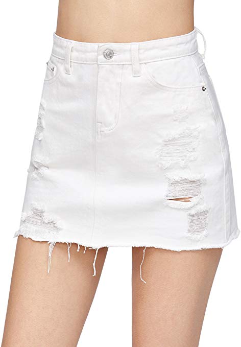 Verdusa Women's Casual Distressed Fray Hem A-Line Denim Short Skirt